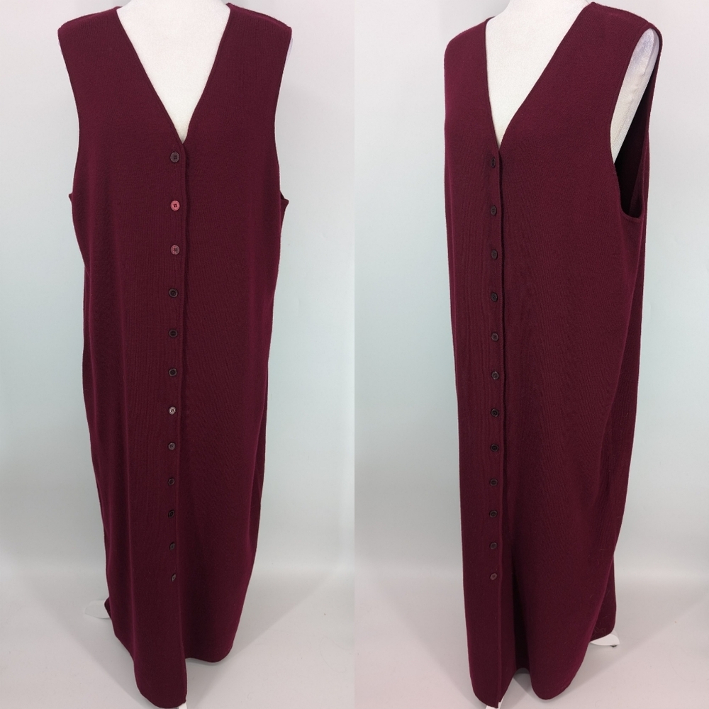 Vintage Talbots 90s 100% Merino Wool Maroon Red Sleeveless Button-Up Dress XL